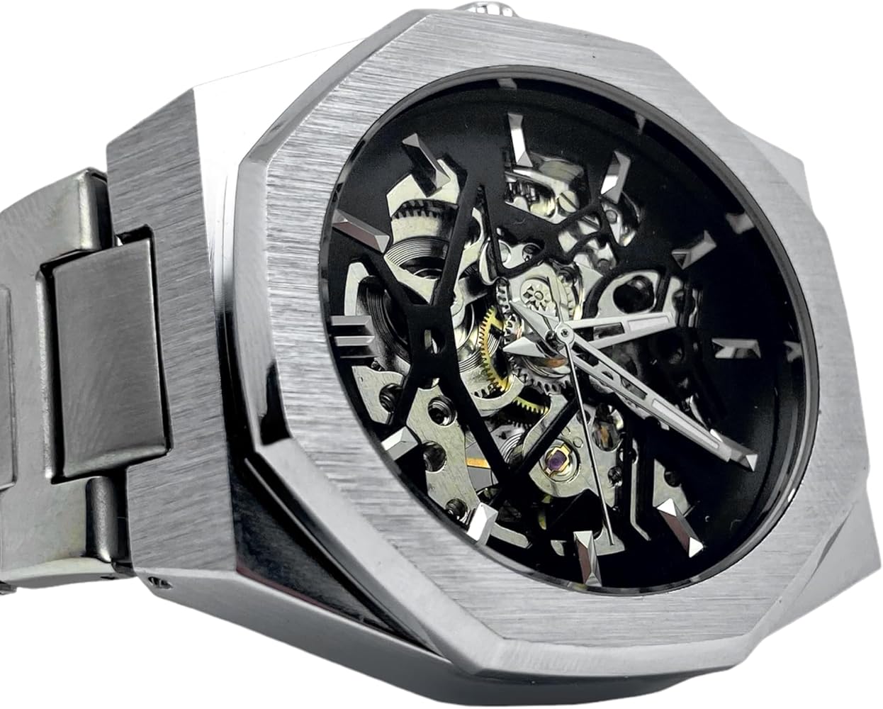 Pririo® Reloj automático para hombre, esqueleto, movimiento transparente, acero inoxidable, reloj de pulsera mecánico con parte trasera de cristal, gris, 41 MM, Pulsera