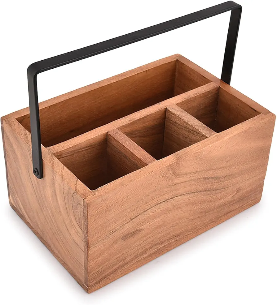 Indus Lifespace Organizador de cubiertos de acacia con asa para decoración de cocina de granja, organizador de encimera y almacenamiento de utensilios de cocina (22,86 cm x 15,24 cm x 11,43 cm)