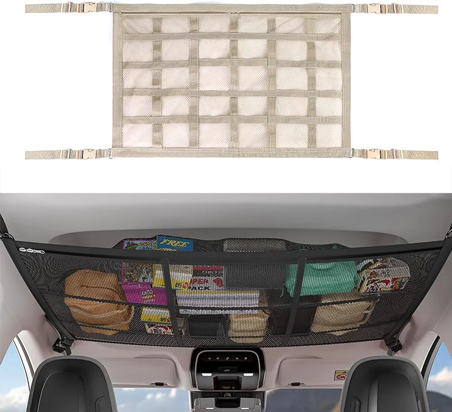 CCAIPU Redes de Almacenaje para Coche, Organizador de Techo de Automóvil, Red de Almacenamiento de Techo para Viajes Largos para Automóvil, SUV, Camioneta (Beige, 90 * 65cm)