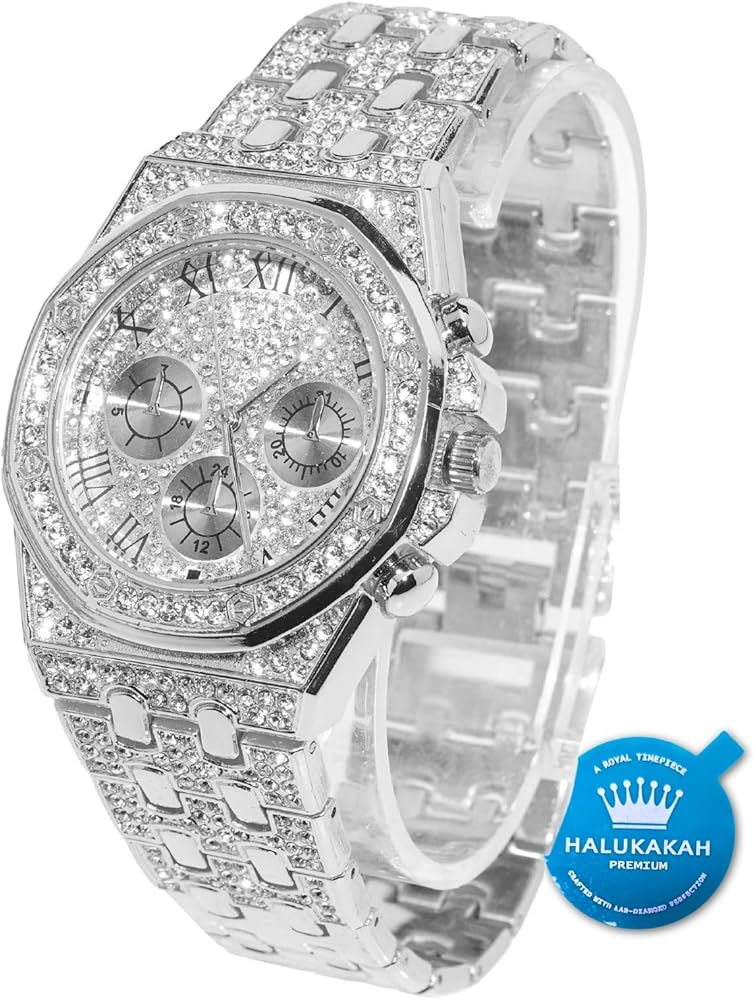 HALUKAKAH Diamante Reloj Oro, Hombres Chapado Oro Real 18K/Oro Blanco Platino 40MM Ancho Números Romanos Esfera Cuarzo Pulsera 22cm con Enlace Cubano Cadena 20+45cm Collar Pulsera, con Caja de Regalo