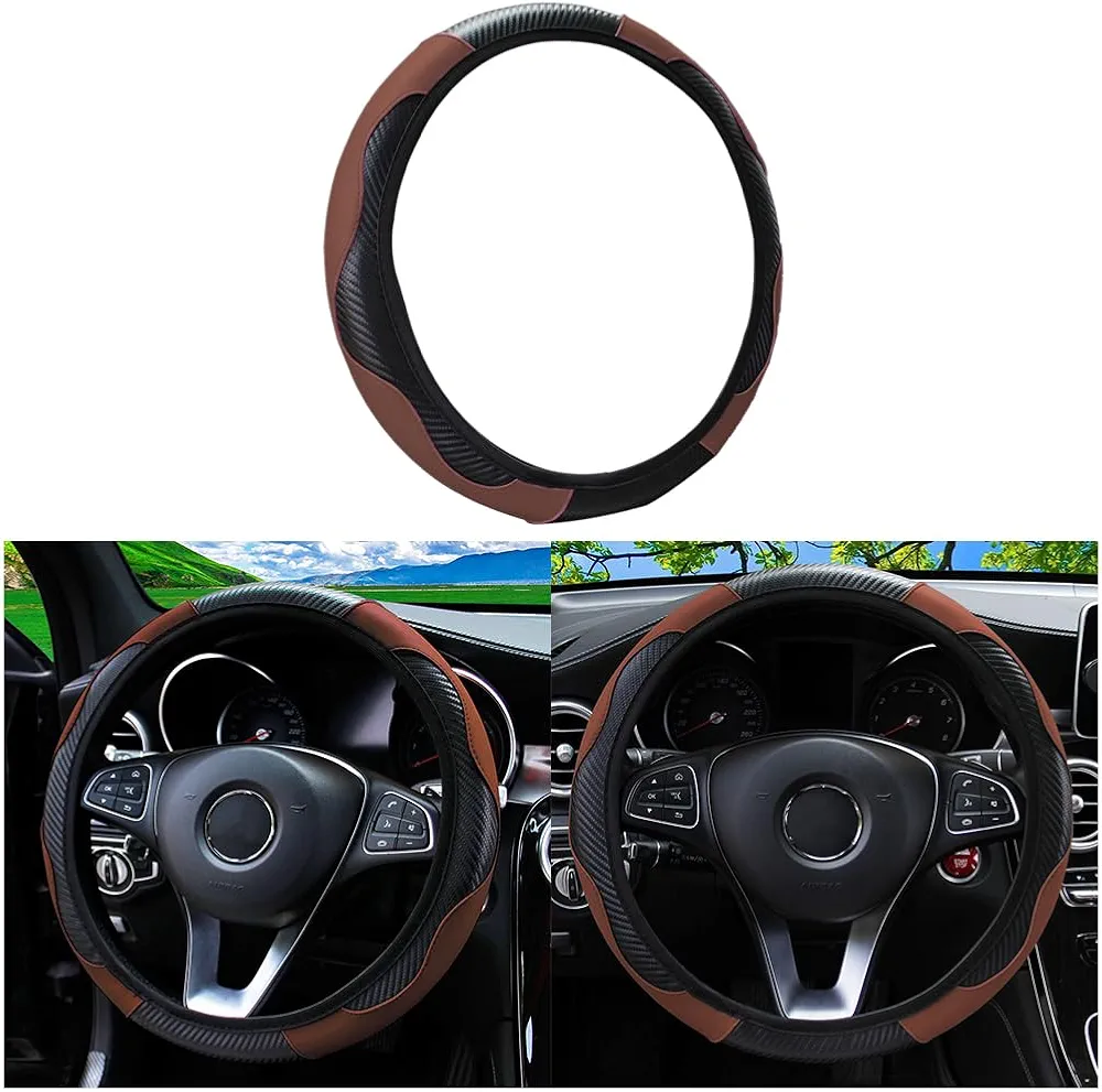 CGEAMDY Funda Volante Coche Universal, Funda de Volante de Coche Microfibra, Antideslizante, Elástica, 37-38cm, Protección Volante Coche Colores Patchwork, Accesorios Coches Interior (Café)