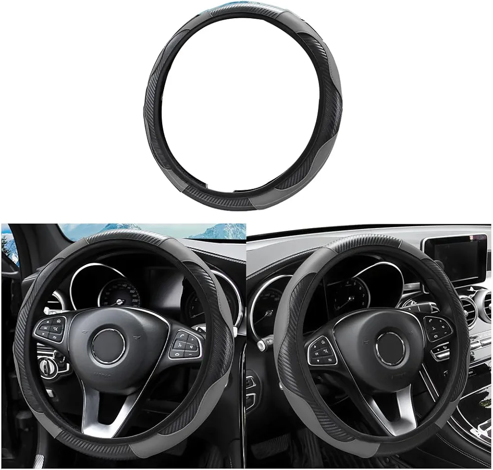 Adunsiaoto Funda Volante Coche Universal, Cubierta en Cuero para Auto Protege Volante del Sol y Desgaste Solar, Cubierta del Volante Fundas, Confortable Antideslizante Accesorios Coches(Gris)