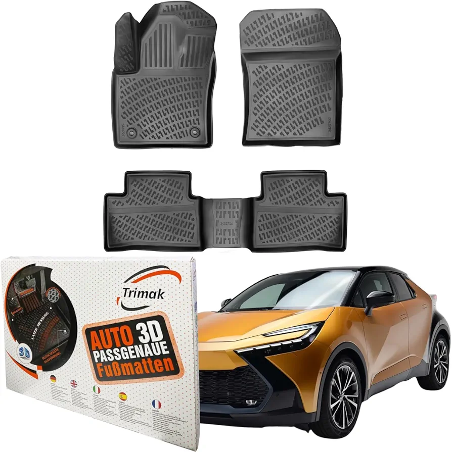Trimak Alfombrillas 3D a medida compatibles con Toyota C-HR 2ª generación a partir de 2024, accesorios de coche 1ª y 2ª fila, alfombrillas de goma TPE para todo tipo de climas, inodoras,
