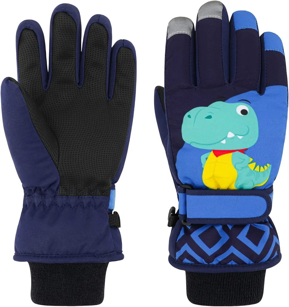 QKURT Guantes de Esquí para Niños, Guantes de Nieve Impermeables para Invierno, Guantes de Esquí de Dinosaurio, Guantes de Esquí para Niños en Trineo Snowboard para Niñas y Niños de 2 a 13 Años