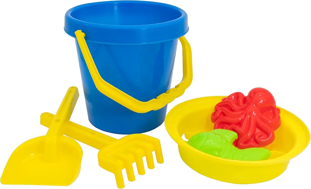 Idena 40241 - Juego de Arena 6 Piezas con Cubo, colador, 2 moldes, rastrillo y Pala pequeña