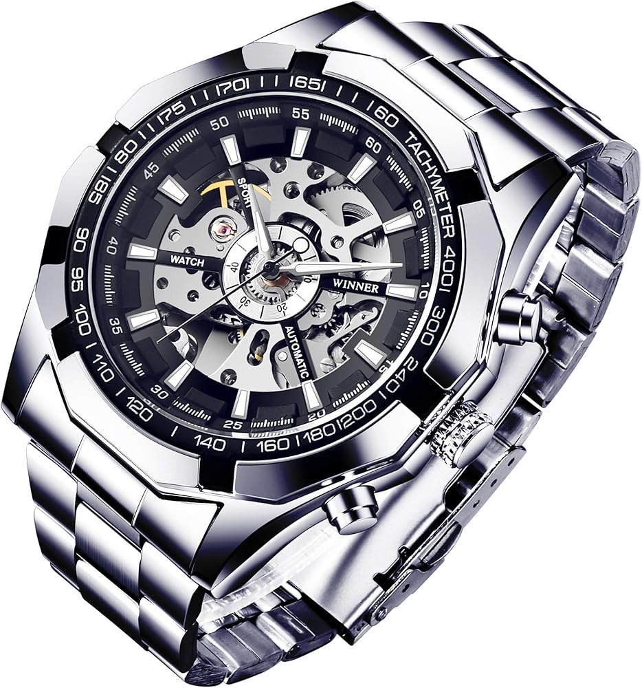 Reloj de pulsera para hombre, de la marca GuTe, con esqueleto descubierto, en color plateado y negro