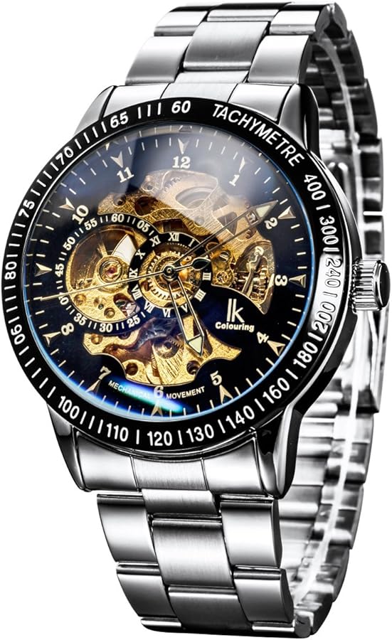 Alienwork IK Reloj Automático Hombre Mujer Plateado Pulsera de Metal Acero Negro Esqueleto Fondo de Vidrio