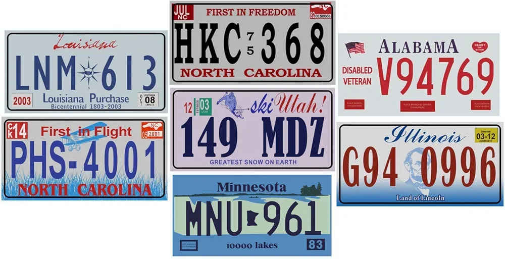 OPO 10 - Lote de 7 Placas de matrícula de automóviles de EE. UU. En Metal: réplicas de Placas estadounidenses Reales (V10)