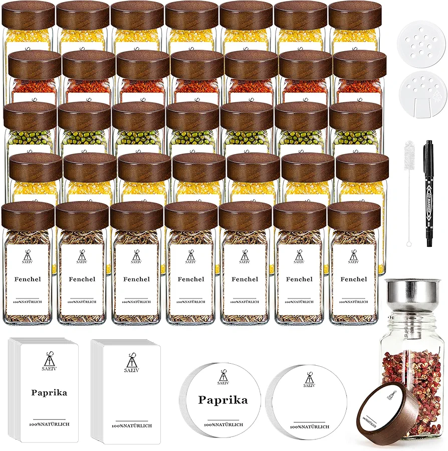 SIAZIH 35 Frascos Especiarias Cuadrados con Juego de Tapa de Acacia, Botes Especias Cristal Transparente de 120ml con Dos Coladores de Especias, Práctico Juego de Botes para Especias Cocina