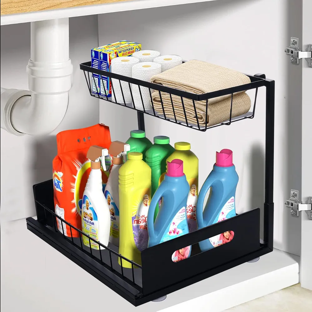 Organizador para fregadero debajo del fregadero, estante de especias de 2 niveles, estante de especias de pie, encimera de cocina, armario, armario de cocina