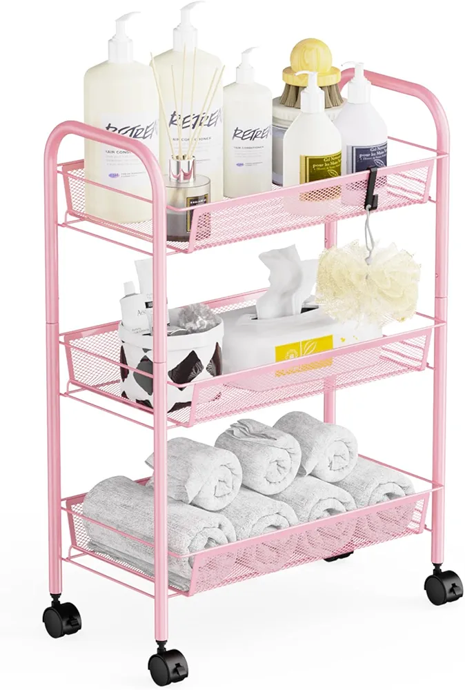 WELDUN Carrito de almacenamiento de 3 niveles, carrito rodante, carrito de almacenamiento de malla, carrito de almacenamiento móvil, portátil, estable y fácil de instalar, para dormitorio, cocina,