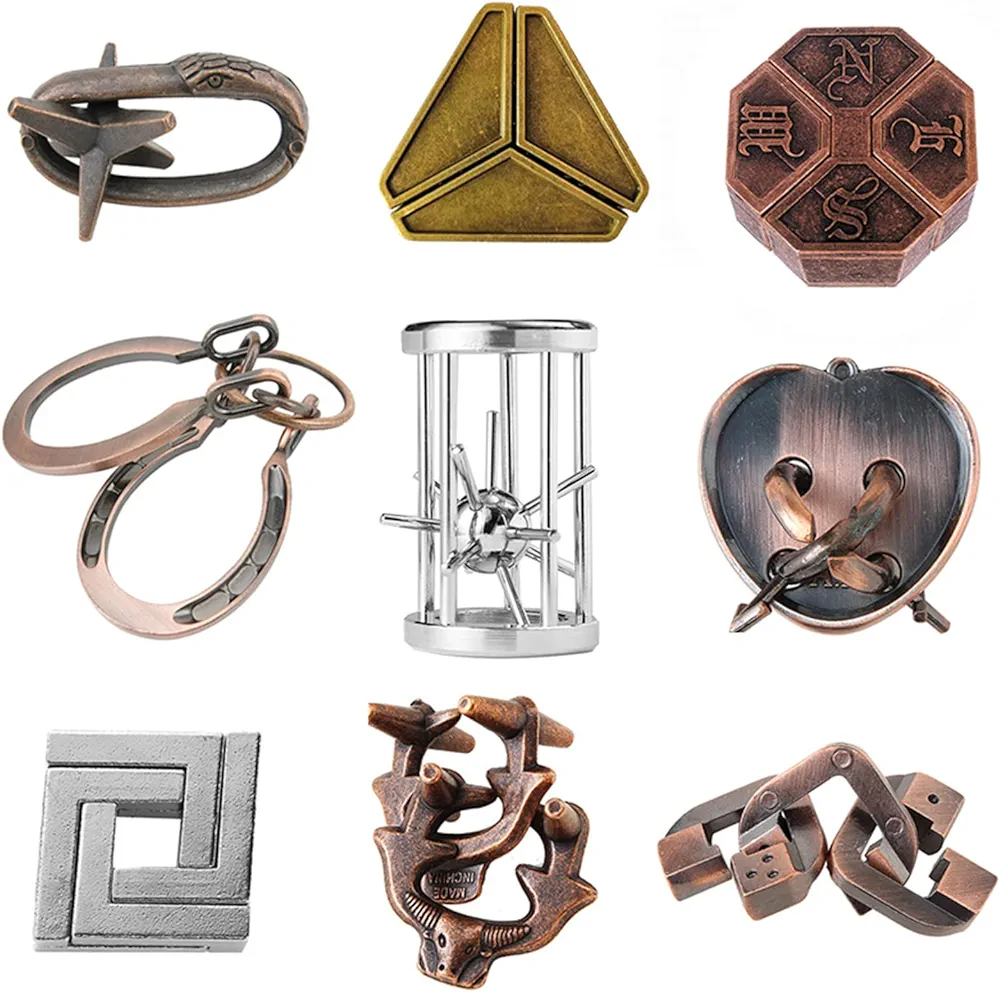 Holzsammlung 9 Piezas Rompecabezas Metal, Juegos de Ingenio Metal Puzzle, Juegos Logica Inteligencia Educativos IQ Puzzle Juguetes Metalicos Rompecabezas Regalo para Adultos Adolescentes