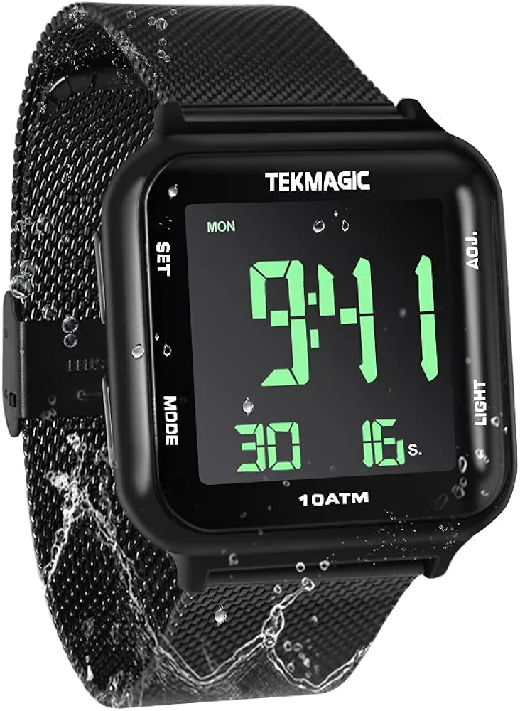 Reloj resistente al agua 10 ATM 100 m sumergible reloj acero con funciones de alarma, cronómetro, doble huso horario, calendario, formato 12/24 horas seleccionable, Negro , Deportes