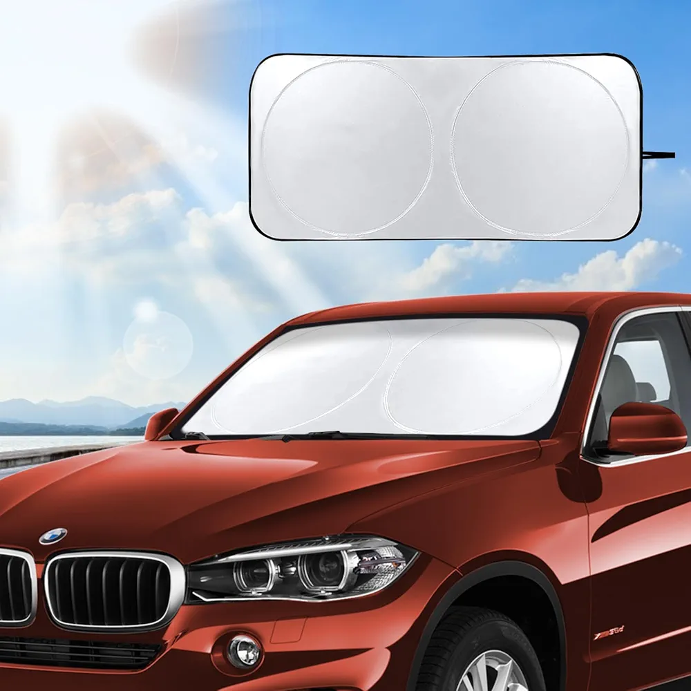 WQSS AOEIU Parasol coche, Parasol coche delantero plegable，Cubierta antipolvo reflectante UV, Parasol de protección contra rayos para automóvil, mantenga su vehículo fresco. (150 * 70 cm)