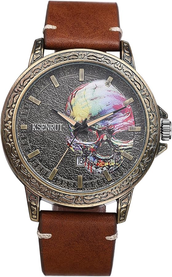 JewelryWe Reloj Calavera Steampunk Hombre: Reloj de Pulsera de Cuarzo Analógico Redondo Vintage Correas de Cuero Calendario Resistente al Agua Puntero Luminosas - para Fiesta Ocio Negocios Regalos