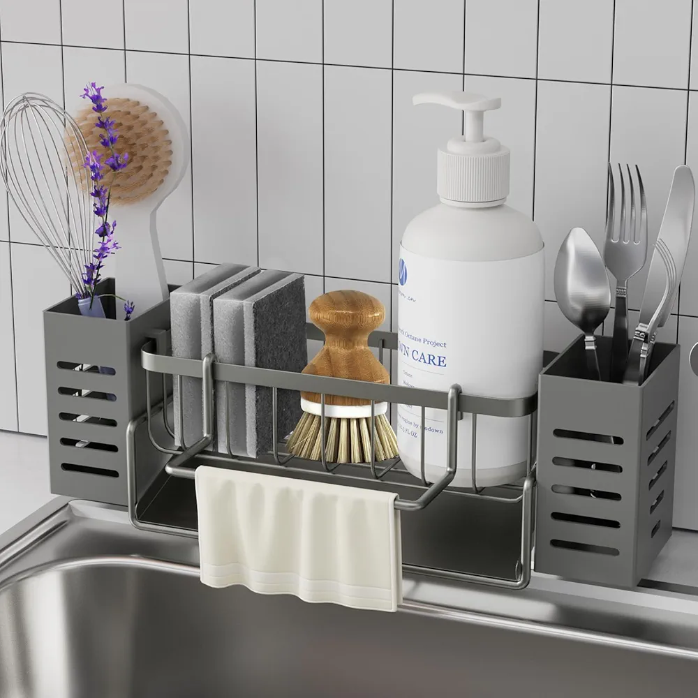 Bellovero Organizador fregadero,Soporte Estropajo Fregadero, Accesorios Cocina con Bandeja de Desagüe Autodrenante,con Toallero y Caja de Almacenamiento para Cepillos Cocina,Organizador Cocina y Baño