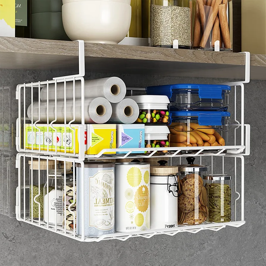 Pinkgarden Organizador de cesta para debajo del gabinete, paquete de 2 estantes plegables de malla de alambre, ahorro de espacio, resistente y duradero, no requiere montaje (blanco, 2 unidades)