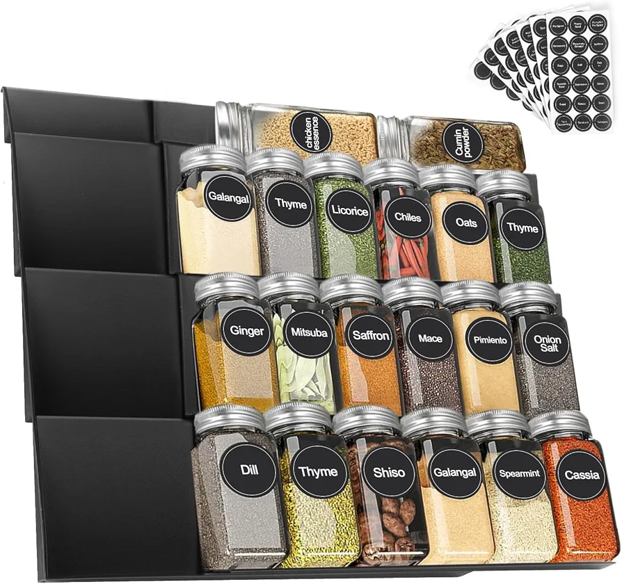 Organizador de especias, sistema de organización extensible, cajón, cocina, escalera de especias, organizador de especias, tarros de especias, estante con etiquetas de especias