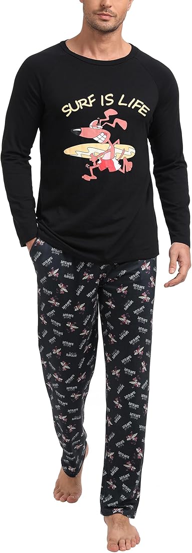 Jahetuul Pijama Hombre Invierno de Algodón con Cuello Redondo Conjunto de Ropa para Dormir Pijama Largo Hombre con Estampado Pijamas y Ropa de Estar en Casa
