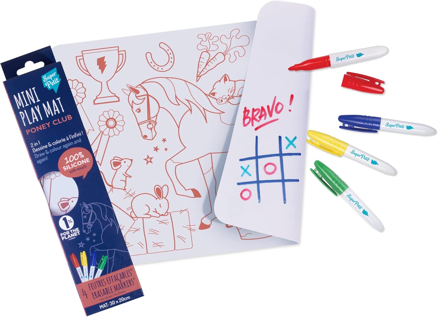 SUPER PETIT - Juego educativo - Reversible - Incluye 4 rotuladores borrables de colores diferentes - Fácil de limpiar - Reutilizable - Antibacteriano - Para partir de 3 años