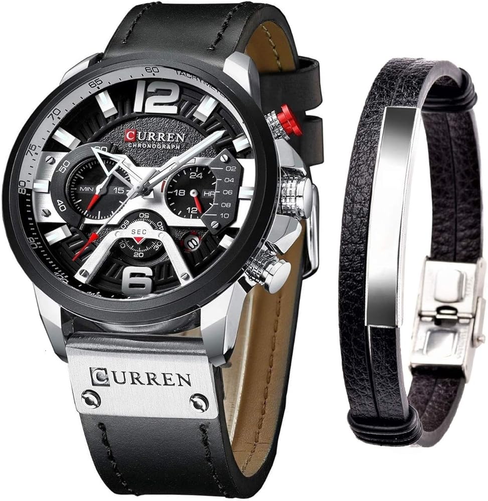 CURREN Relojes de cuarzo para hombre reloj cronógrafo de cuero y pulsera de moda relojes analógicos para hombres reloj de pulsera de lujo regalos para papá novio Plateado Reloj de cuarzo cronógrafo