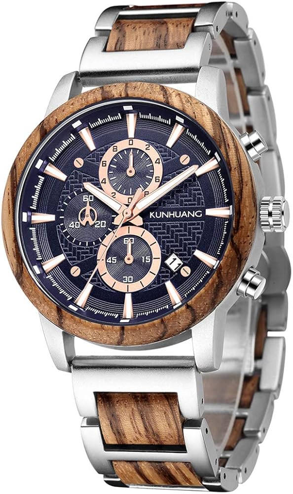 XIRUVE Reloj de Madera de Pulsera Natural Cuarzo Multifunción para Hombre Fecha Cronógrafo