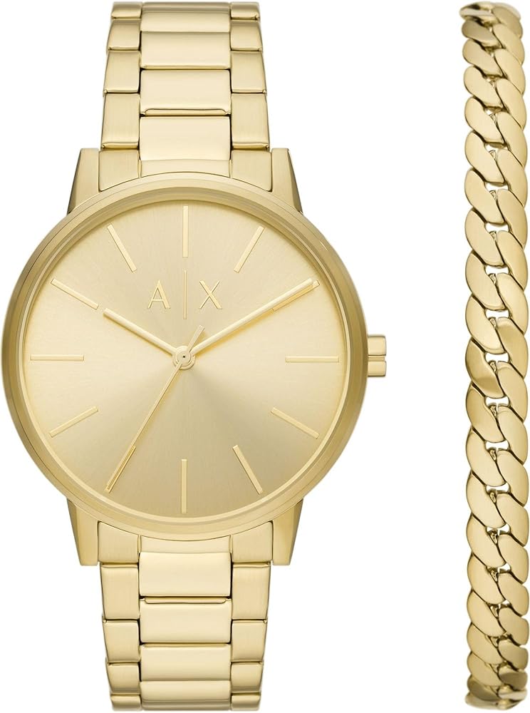 Armani Exchange Reloj para Hombre, Movimiento de cuarzo de tres agujas, caja de acero inoxidable dorado de 42 mm con correa de acero inoxidable, AX7144SET, Juego de tonos dorados