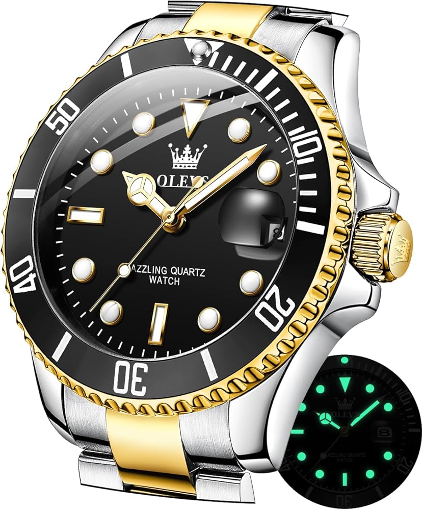OLEVS Relojes para hombre, clásico, fecha, vestido de negocios, lujoso, esfera grande, verde/negro/azul, resistente al agua, luminoso, analógico, bicolor, acero inoxidable, reloj de pulsera para
