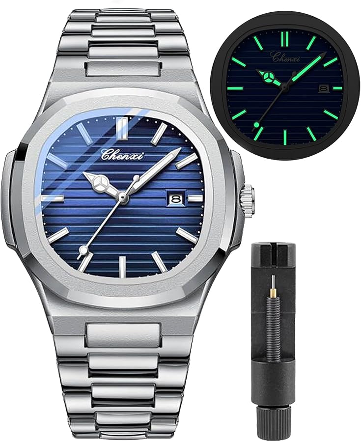 Gosasa Reloj de pulsera masculino de acero inoxidable de lujo de cuarzo luminoso impermeable con pantalla analógica para hombre, M - azul , Moda