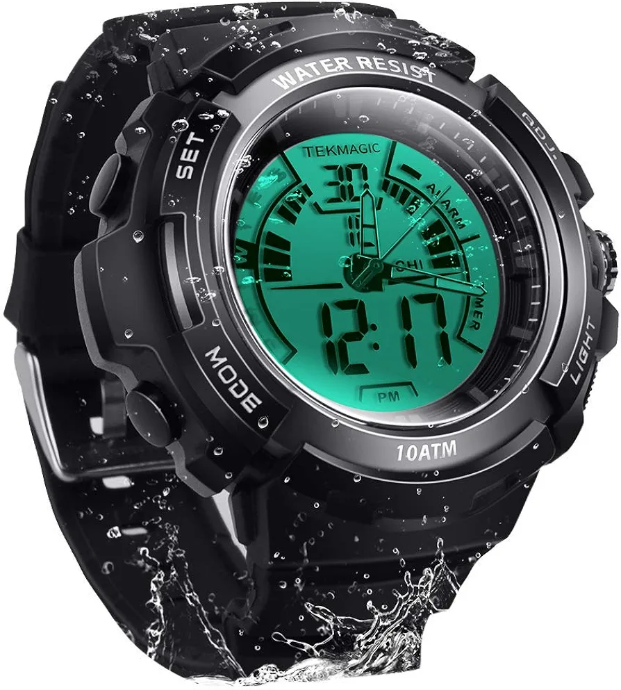10 ATM Submarino Luminoso Reloj de Buceo Deportivo con Alarma y Funciones de Cronómetro Sumergible, Soporte la Visión de Doble Zona Horaria, Movimientos Digitales y Analógicos, Formato de 12/24 Horas