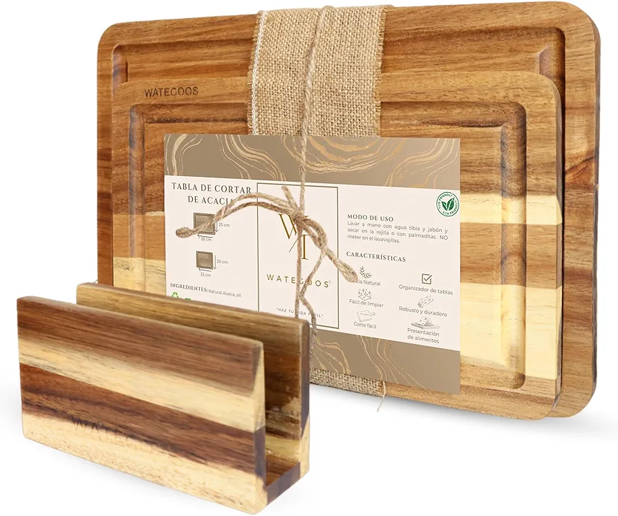 Tabla de Cortar Cocina Madera Natural. Pack 2 Tablas de Cocina + Soporte. Tabla de Acacia para Presentación Profesional de Quesos mas Resistente y Duradera. Tabla Ecologica Grande y Pequeña- WATEGOOS