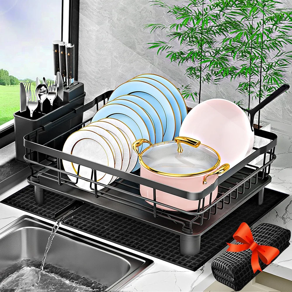 BOBELA Escurridor de Platos, escurridor de Platos para encimera de Cocina, escurridores de Platos con Soporte extraíble para Utensilios, escurridor de Platos con escurridor y Alfombrilla de Secado de