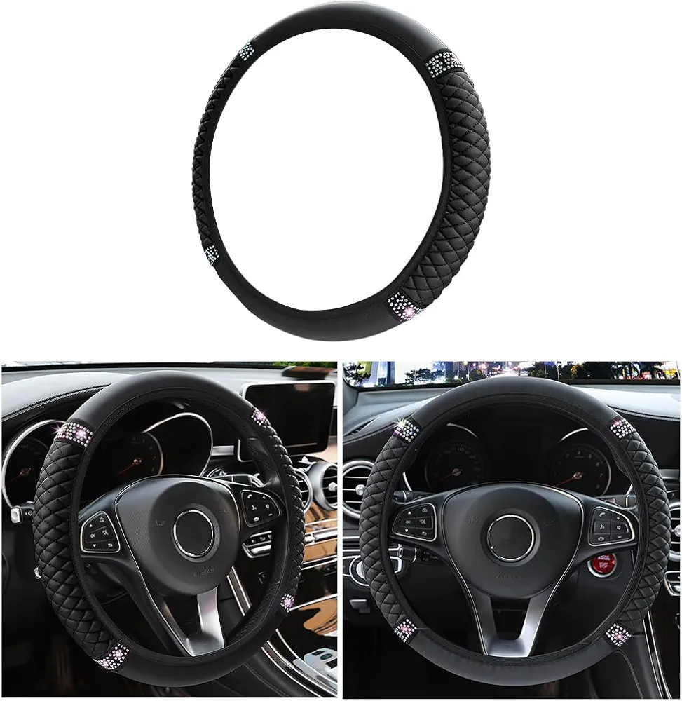 CGEAMDY Universal Cubierta para Volante Automóvil, Funda Volante Coche, Elástica Funda con Diamantes Bordado Cubierta Protector Volante, Bonita Funda para Volante, Transpirable (Negro)