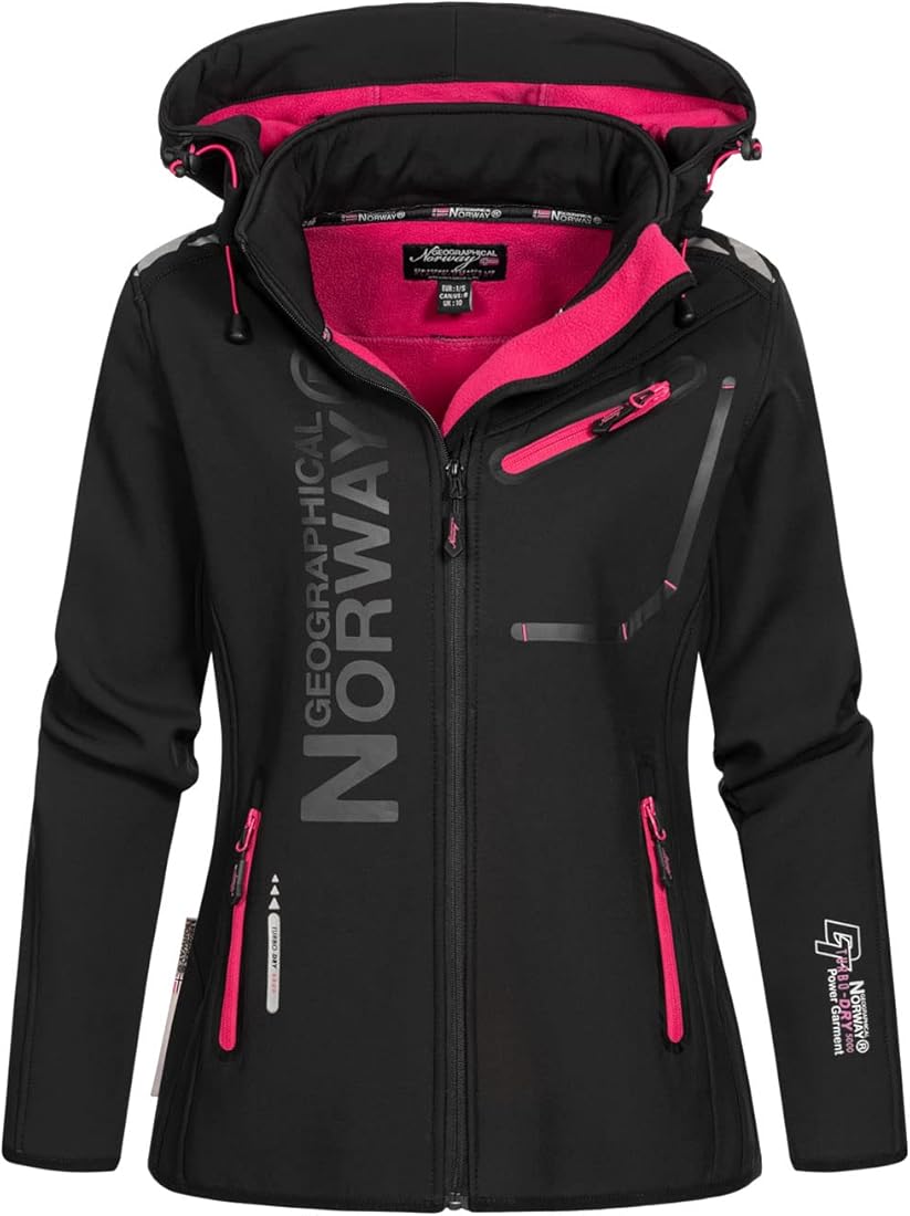 Geographical Norway REINE LADY - Chaqueta Softshell Impermeable Mujer - Chaqueta Capucha Exteriores - Chaqueta Cortavientos Invierno - Actividades Senderismo Aire Libre (negro/rosa