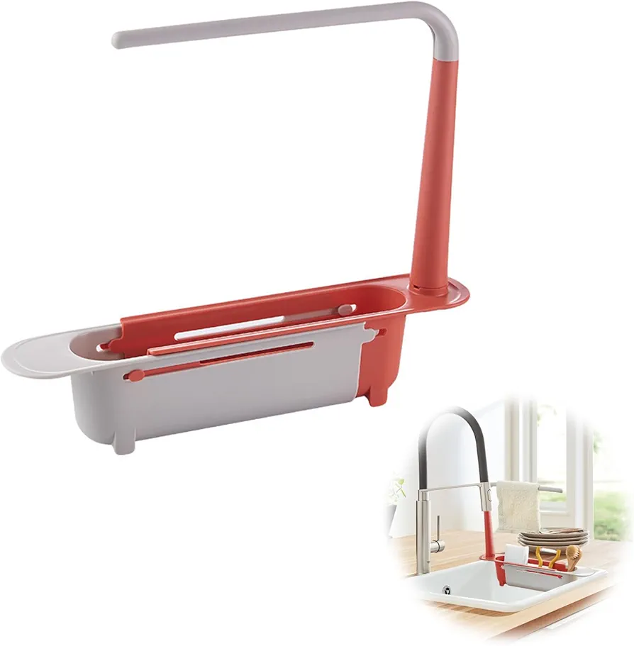 Estante Expandible para Almacenamiento de Fregadero Escurridor Ajustable Bandeja de Soporte para Fregadero Telescópico Ajustable de Gran Capacidad para Fregadero de Cocina para Hogar y Cocina Rojo