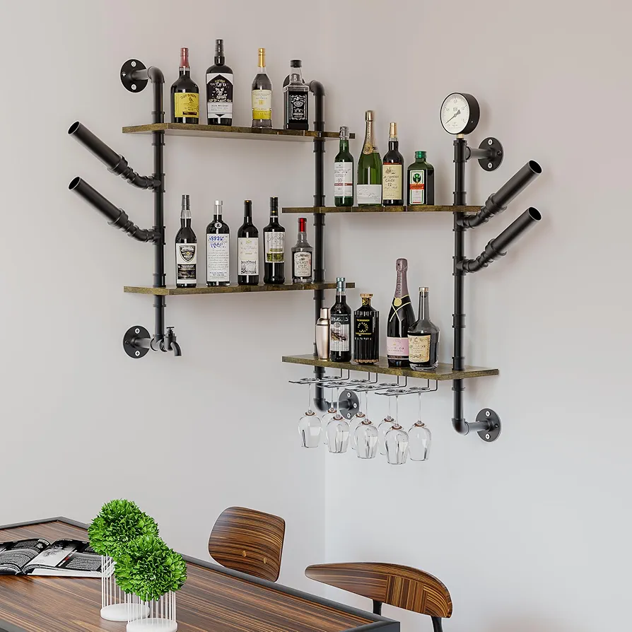 unho Botellero de Pared Industrial Grande de Metal: Estante de Vino Flotante Decorativo de 4 Niveles Esquinero de Botellas Especias para Cocina Hogar Bar Hotel 120x20x108cm