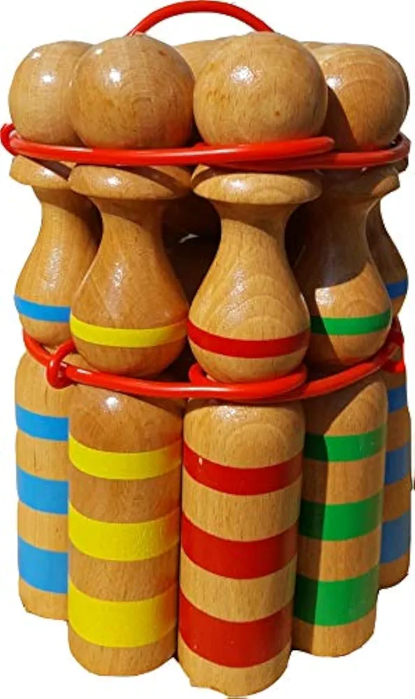 GICO Juego de Conos de Bolos de Madera a Rayas para niños y Adultos, Madera Maciza, 30 cm, Vetas típicas de Madera, 3026