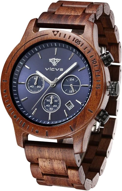 VICVS Reloj de Madera Hombre, sándalo japonés, multifunción, Rojo/Negro Natural con cronógrafo Deportivo Militar
