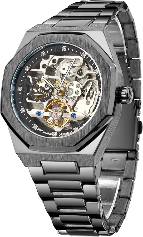 FORSINING Reloj Vintage para Hombres Grabado Esqueleto Automático Autoviento Mecánico Gran Dial Luminoso Diamante Pantalla Negro Hueco Tatuaje Patrón Relojes de Pulsera,, Negro , Moderno
