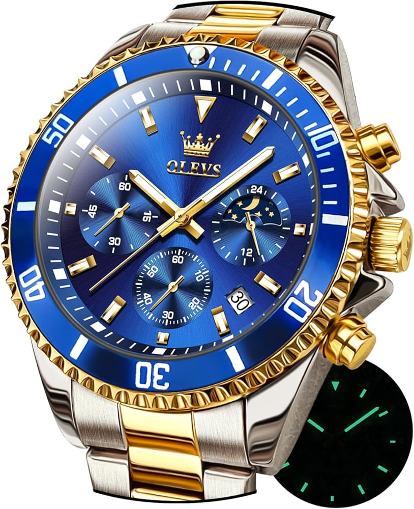 OLEVS Relojes para hombre, clásico, fecha, vestido de negocios, lujoso, esfera grande, verde/negro/azul, resistente al agua, luminoso, analógico, bicolor, acero inoxidable, reloj de pulsera para