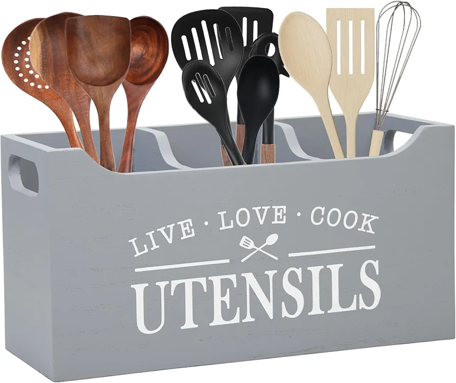 Karisky Soporte para utensilios de cocina con parte inferior de drenaje, organizador grande de 3 compartimentos de madera maciza para encimera de cocina, almacenamiento de herramientas de cocina de