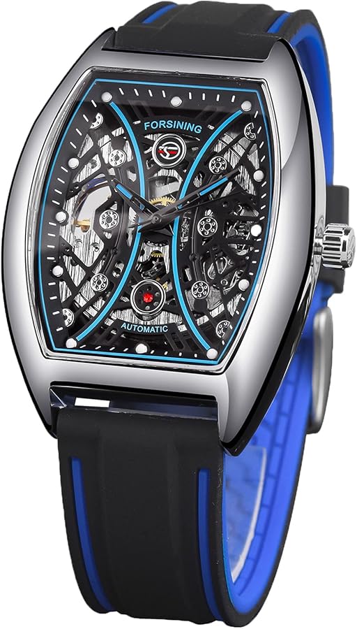 FORSINING Reloj de pulsera para hombre, esfera rectangular, mecánico, automático, esqueleto vintage, steampunk, correa de silicona, azul, Correa