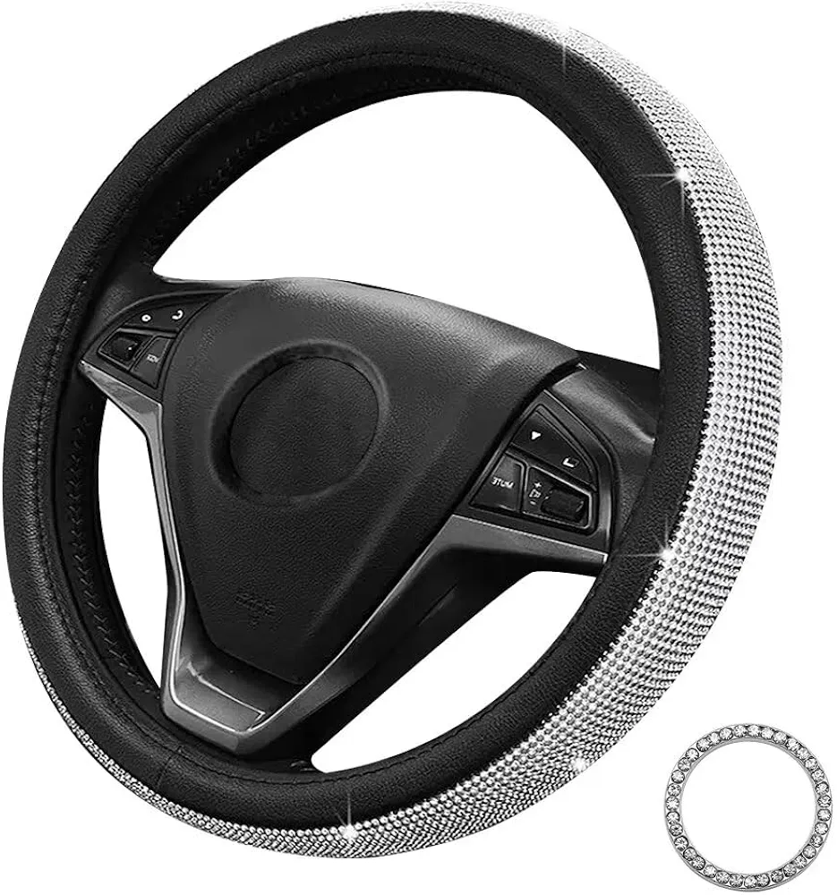 Pahajim Funda Volante Coche Bling Bling Rhinestones Cubre Volante Coche de PU Antideslizante Universal 38 cm/15 Protector de Ruedas de Coche Automático para Mujeres Niñas(Negro-Blanco)