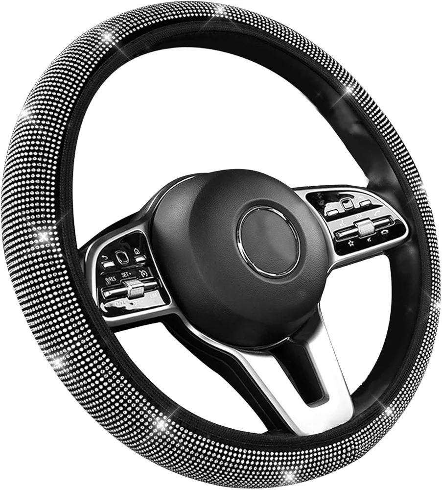 Funda Volante Coche Bling Bling Rhinestones Cubierta de Volante 36cm-40cm Cubierta Universal para Volante de Coche, PU Protector Antideslizante de Volante Coche para Niñas y Hombres Accesorios