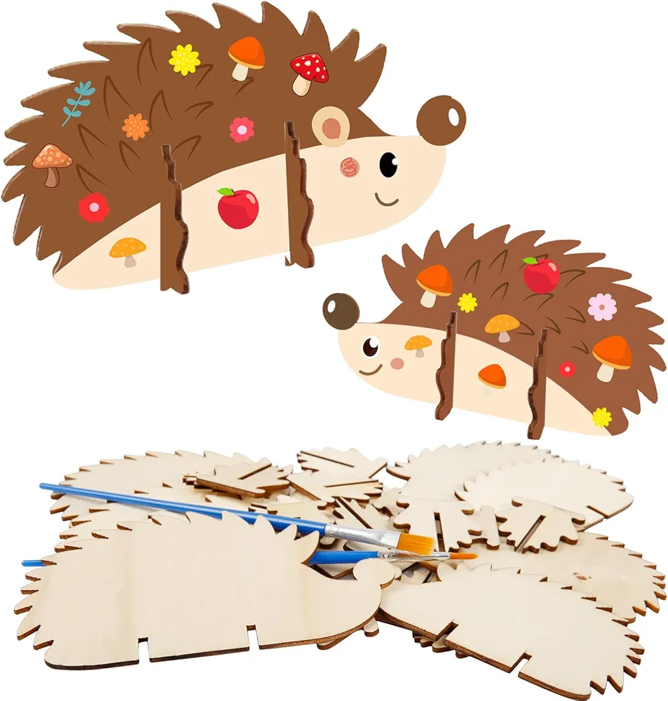 DKINY 10PCS Erizo 3D manualidad madera para pintar niños kit Bricolaje de Erizos 3D madera Ocio creativo para los chicos Artesanía madera Erizo colorear 2 pinceles Artes DIY regalo cumpleaños Otoño