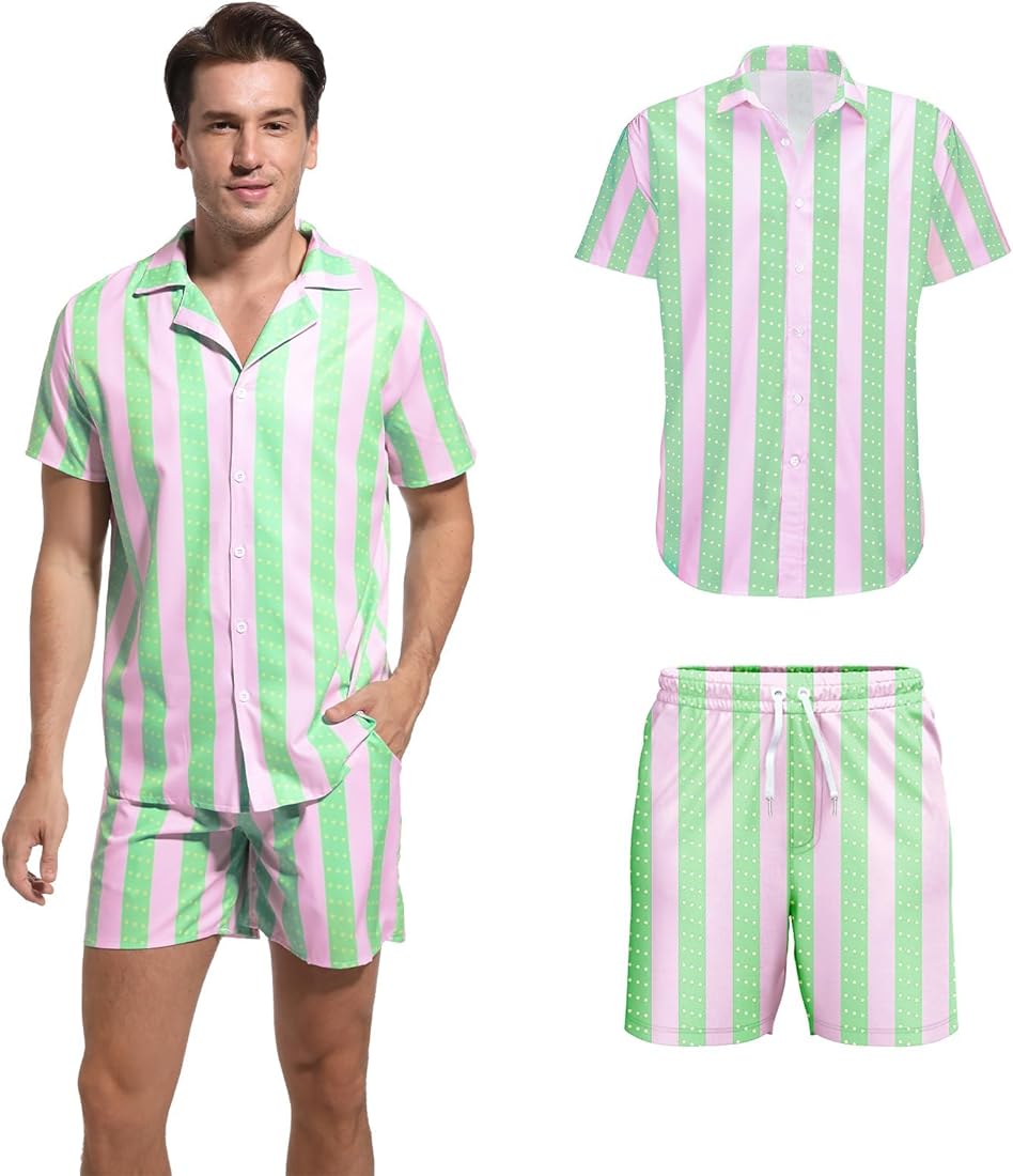 AJGEGJE Camisa a rayas para hombre, camisa de ocio de manga corta y pantalones cortos de playa, para verano, para fiesta de Halloween