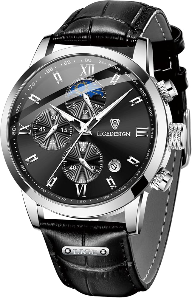 LIGE Reloj Hombre Impermeable Cronógrafo Cuarzo Cronógrafo Reloj Elegante Negocios Vestir Mira, Esfera Acero Inoxidable, Luminoso Clásico Negro Relojes Pulsera, Regalo para Hombres, Negro+Plateado,