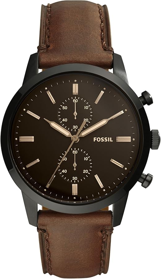 Fossil Reloj para hombre Townsman 44mm, movimiento cronógrafo de cuarzo, caja de 44mm de acero inoxidable negro con correa de piel, FS5437