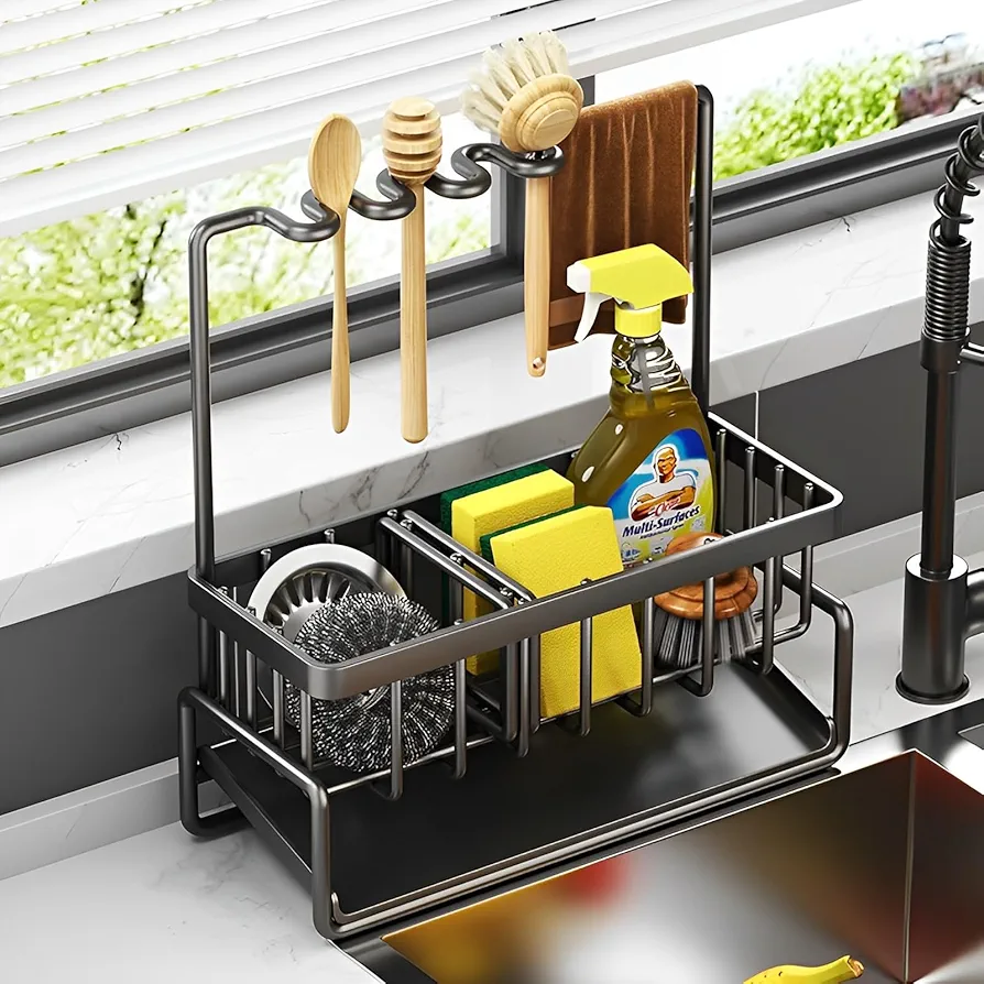 TFSZE Organizador De Fregadero Cocina,Soporte Esponja Fregadero,Cocina Negro Multifuncional Estante, con Bandeja Autodrenante,para Almacenamiento En La Cocina Y El Baño,Almacenamiento (Estilo Alto)