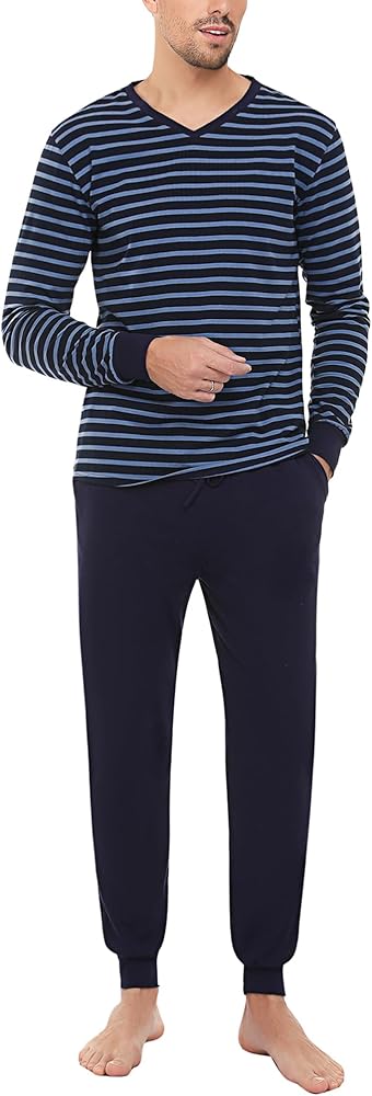 Bresdk Pijama Hombre Invierno Algodon Manga Larga Ropa de Dormir Rayas Pijamas Largos Cuello en V Dos Piezas